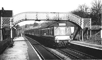 A Liverpool - Sheffield d.m.u. passes through Strines on 3rd April 1966