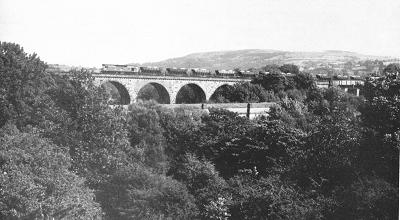 A down limestone train from the Peak hauled by a class 25 diesel rumbles over Marple Viaduct on the evening of 12th August 1979.